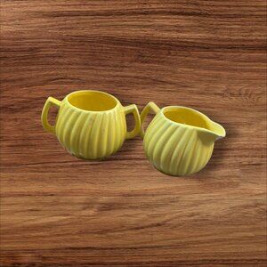 Vintage Retro Sunny Yellow Ribbed Ceramic Sugar Bowl & Creamer Set Two‎ Handles